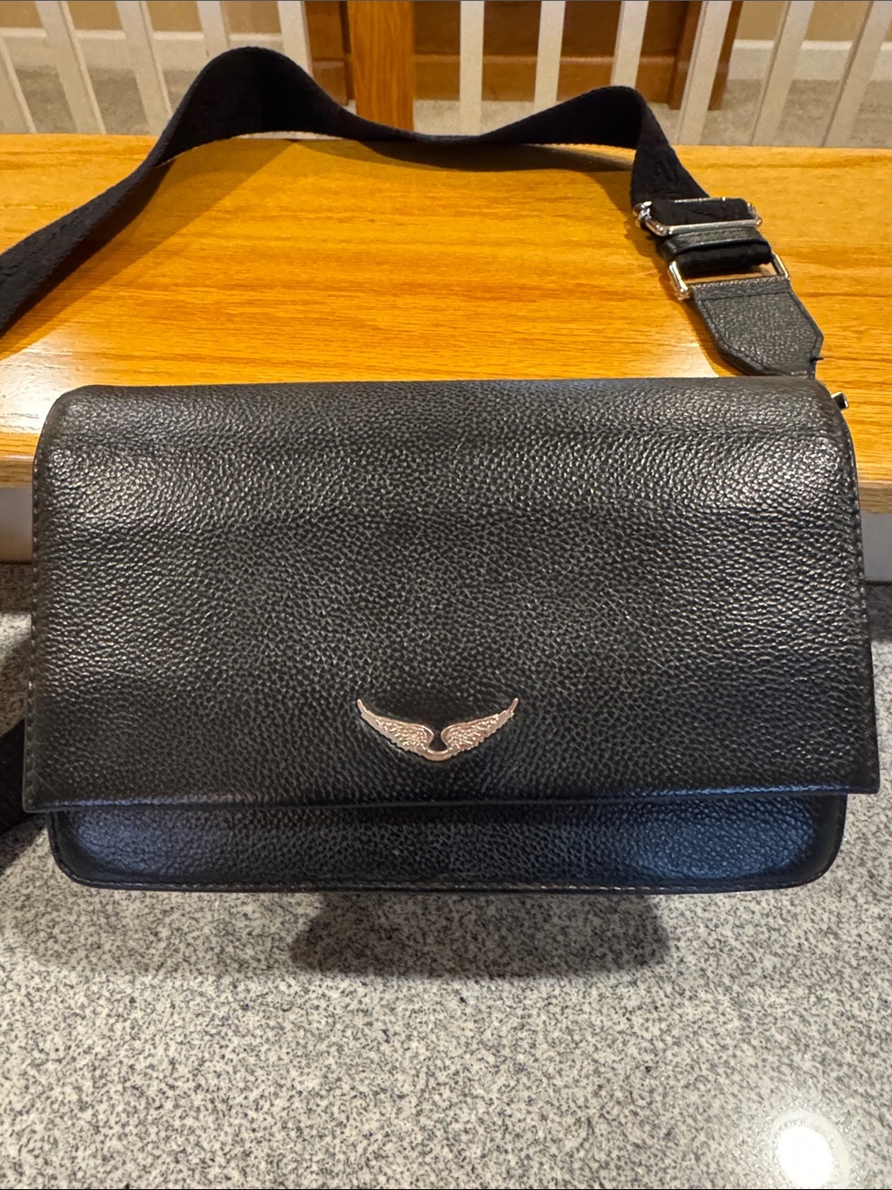 Zadig & Voltaire: Black Leather Crossbody Bag - Classic Wing Emblem